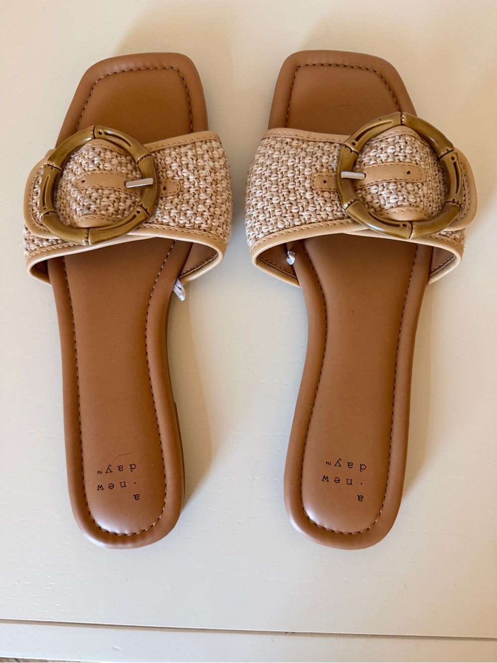 a new day Natural Woven Slide Sandals with Round Buckle